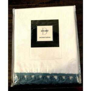 Studio D Tevin White with Blue Tassle Shower Curtain Cotton Reef Waters NEW $39